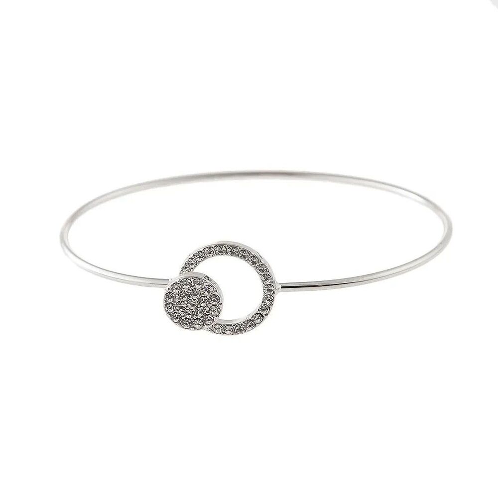 Silver Pave Rhinestone Circle Bangle Bracelet Geometric Minimalist Luxury NEW